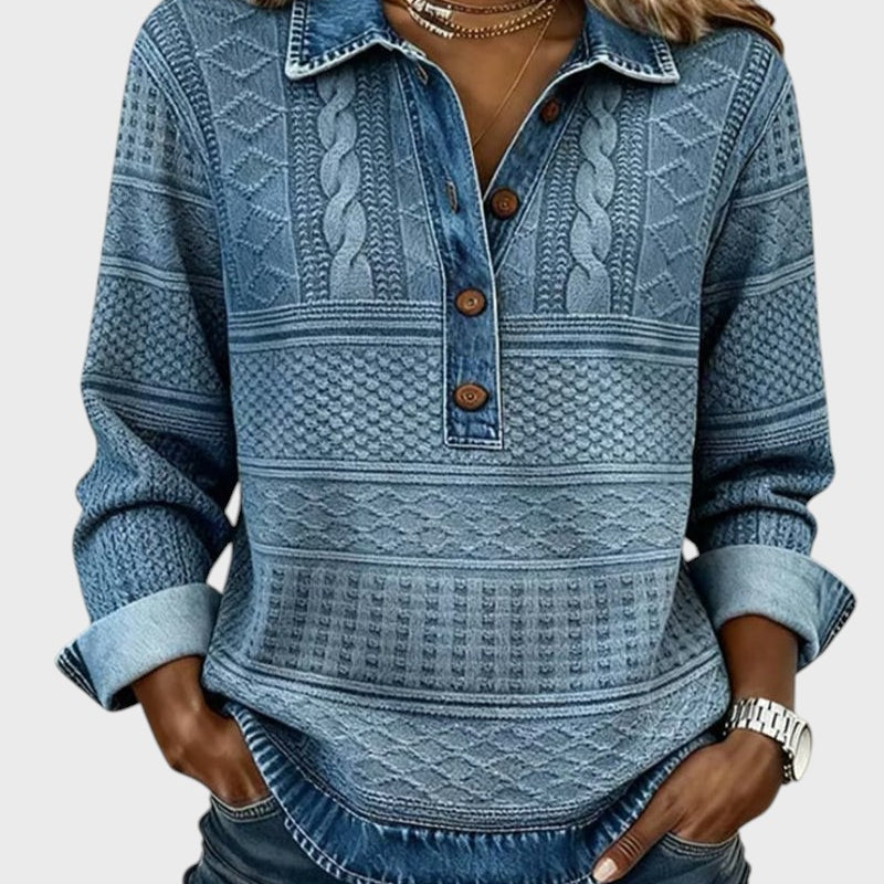 Elise | Halenka s efektem pleteniny a džínovými detaily