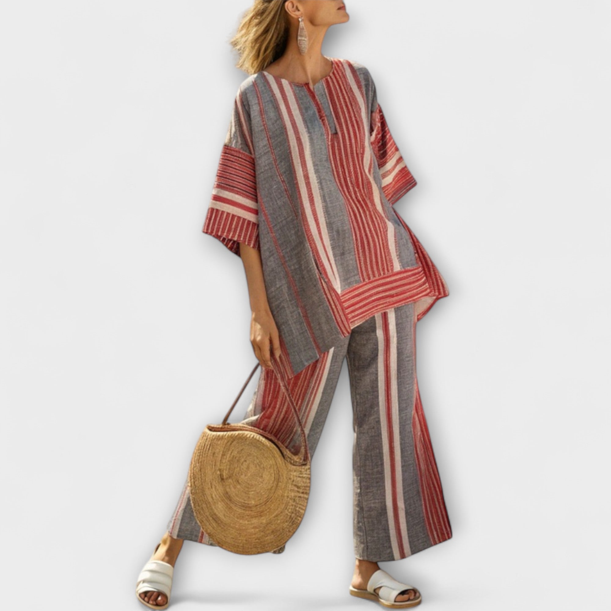 Jessica - Moderní lněný top s pruhovanou sukní" can be rewritten as:

"Jessica - Stylový lněný top s pruhovanou sukní