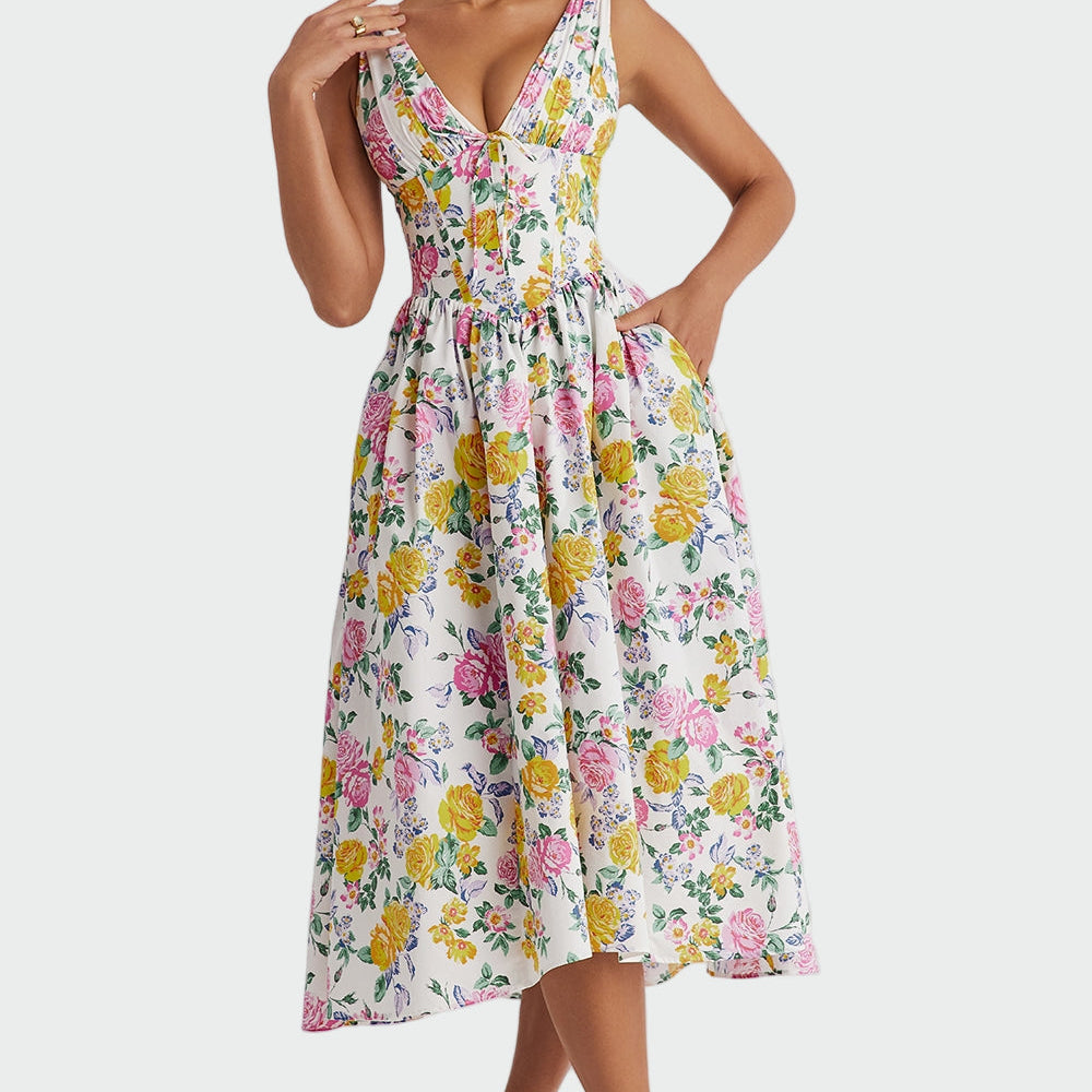 Karolína Romantická Vestido Midi Květinový Potiskem