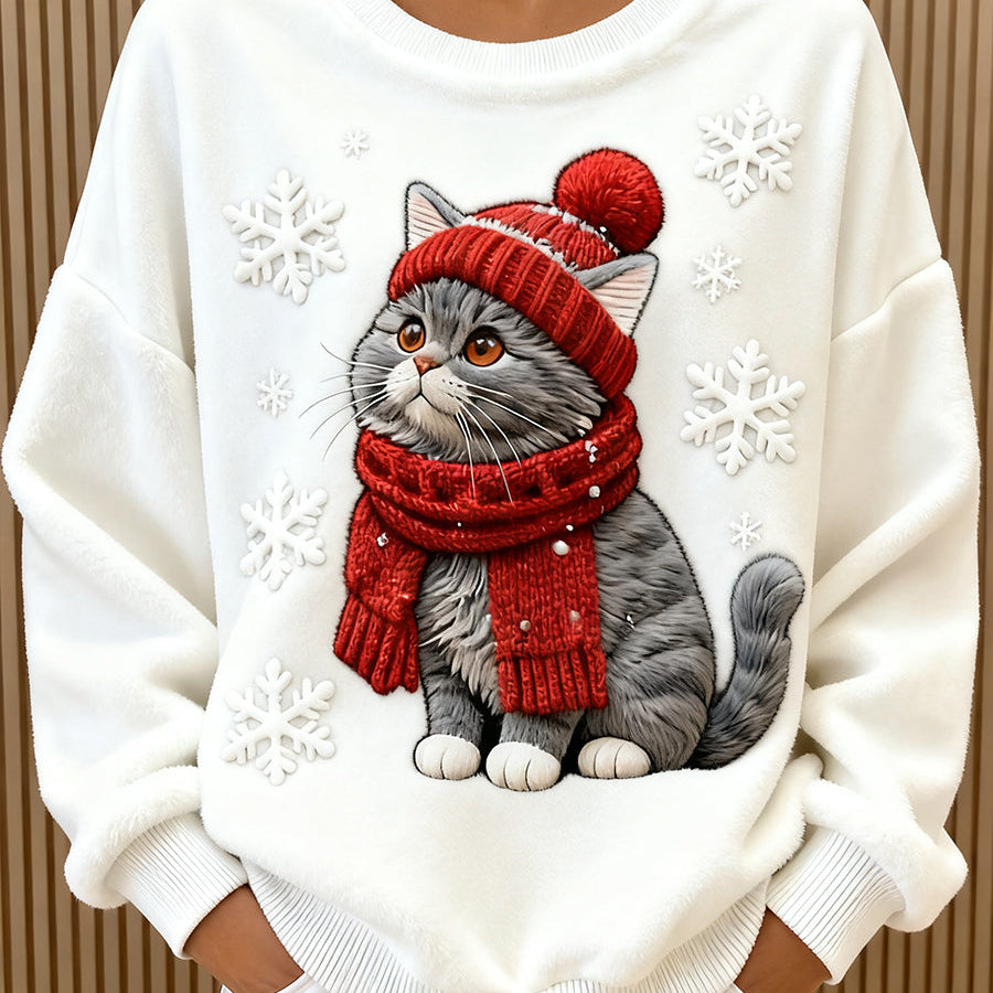 Dámská Vánoční Mikina s Kočkou – Měkký Flanel, Volný Střih